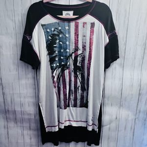 Double D Ranch THIS IS AMERICA Shirt Flag Native American Fringe Sleeves Hi Lo M